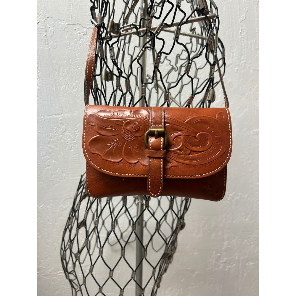 Patricia Nash Tan Leather Floral Embossed Crossbody Bag Buckle Detail Brown